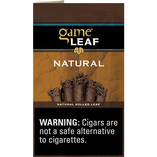 Game Leaf Natural Cigars packaging with warning label about smoking alternatives.