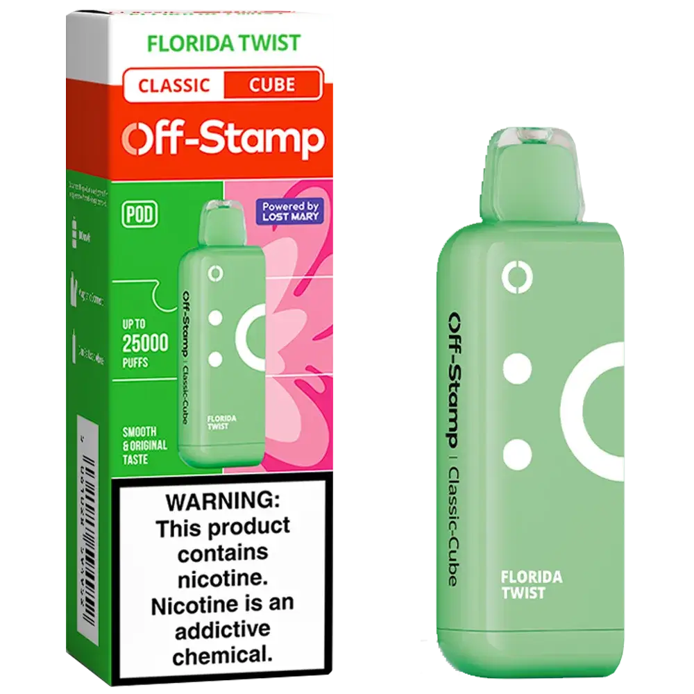 Off-Stamp Sweet & Classic Cube | 25K product image featuring Florida Twist flavor with packaging and device.