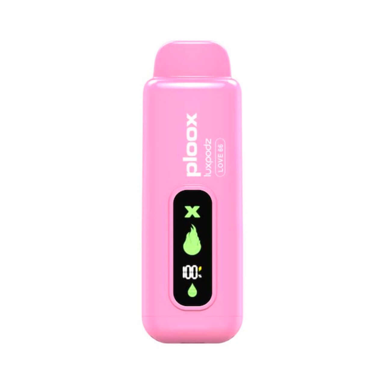 Ploox X by Luxpodz disposable vape pod in pink with a digital display showing battery life.