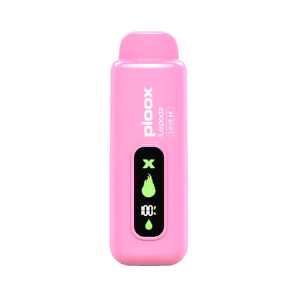 Ploox X disposable vape pod in pink, featuring digital display and 15,000 puffs capacity by Luxpodz.