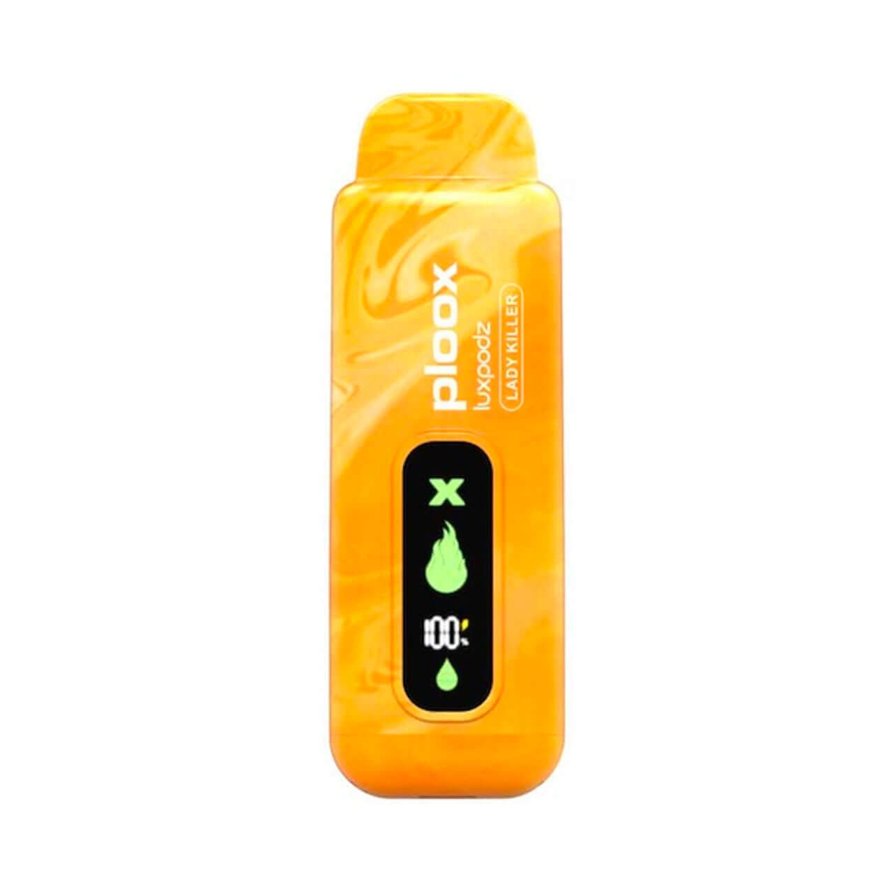 Ploox X disposable vape pod in vibrant yellow with digital display, offering 15,000 puffs and 16ML e-liquid capacity.