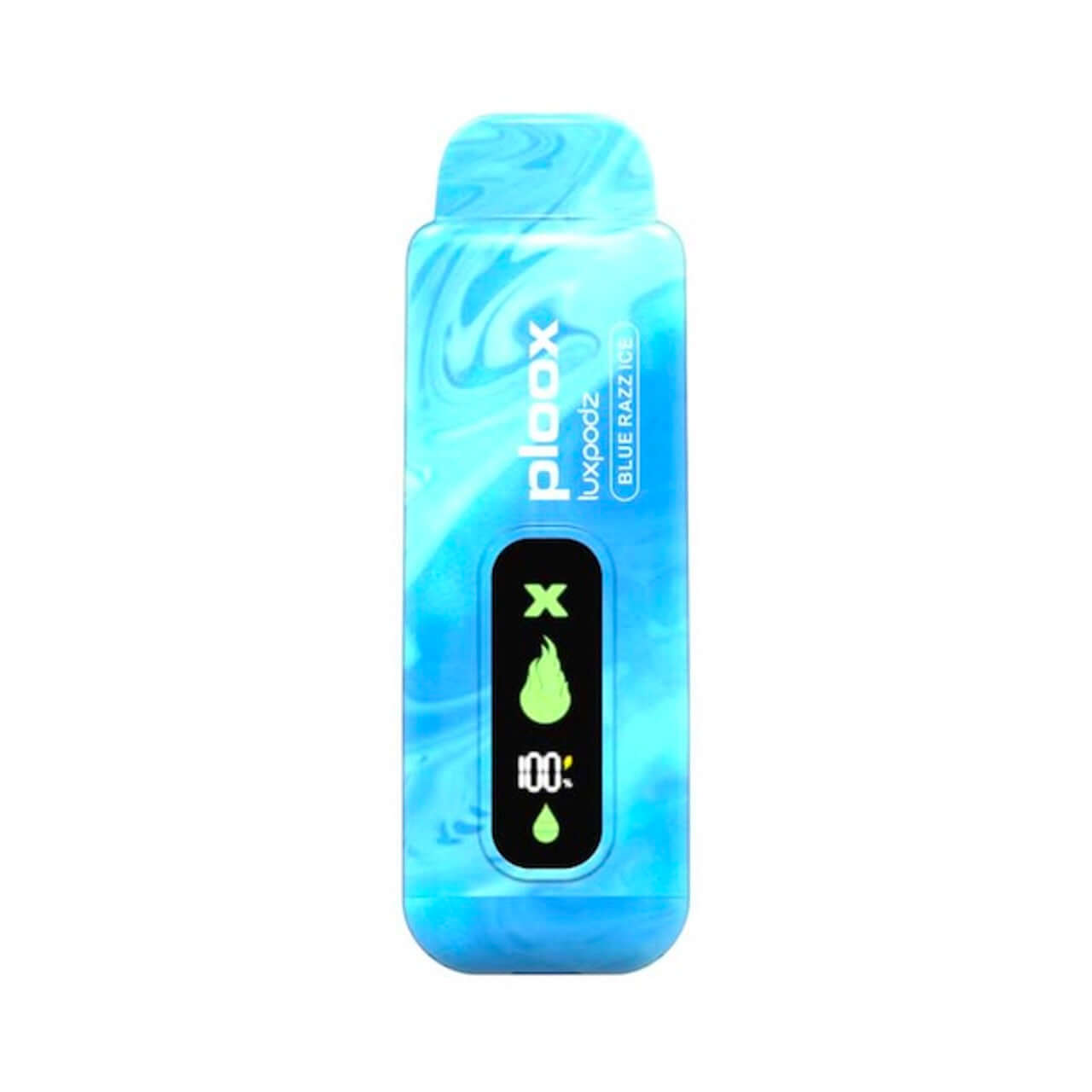 Ploox X disposable vape pod by Luxpodz featuring a blue design and digital display, offering 15,000 puffs.