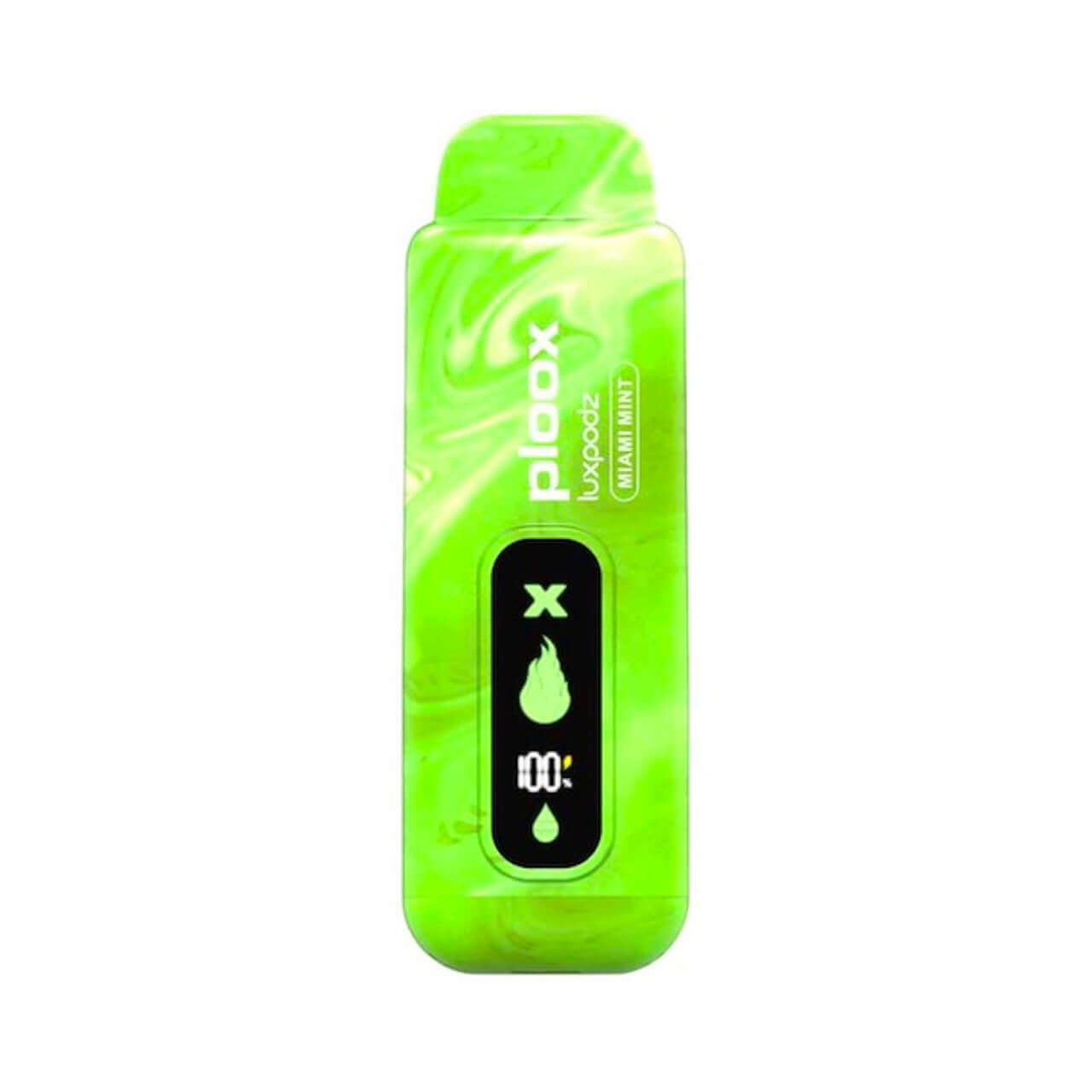 Ploox X disposable vape pod by Luxpodz with digital display in green color, showing 100% battery and 15,000 puffs capacity.