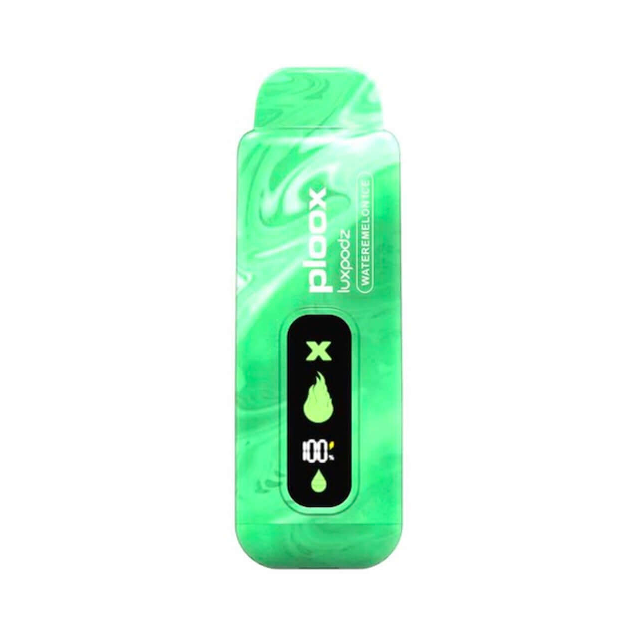 Ploox X disposable vape pod by Luxpodz, featuring a digital display and vibrant green design for 15,000 puffs.