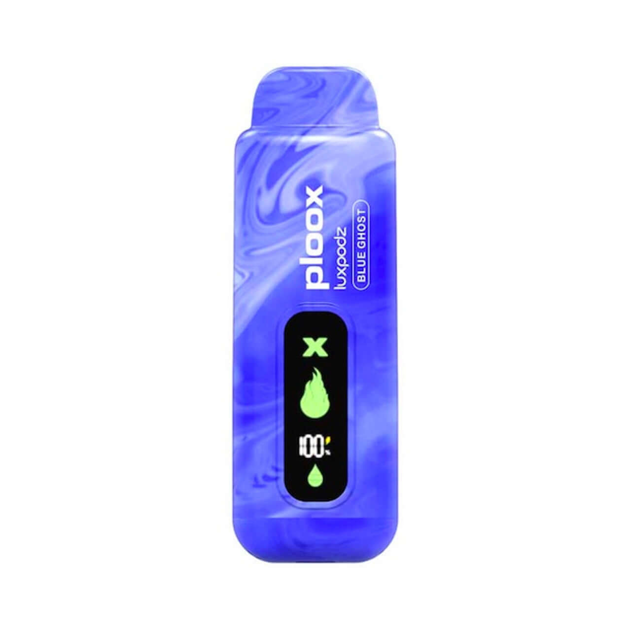 Ploox X disposable vape pod in blue color with digital display, featuring 15,000 puffs and 16ML e-liquid capacity.