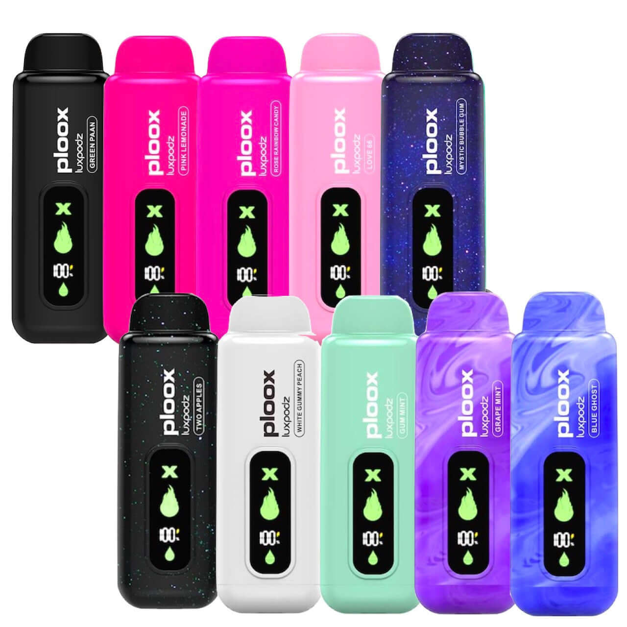 Ploox Disposable Pods in various colors, showcasing 15,000 puffs each with 0% nicotine and 16ML e-liquid capacity.