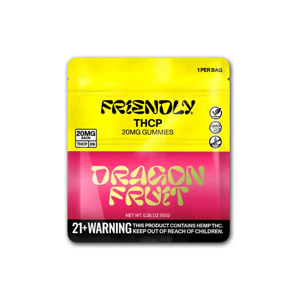 Friendly THCP 20MG Gummies in Dragon Fruit flavor, designed for flavorful relief and relaxation.