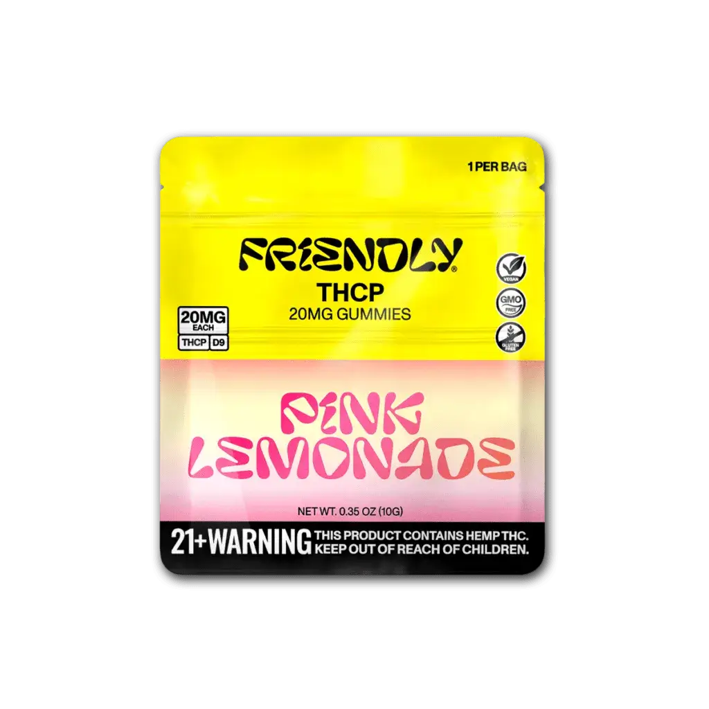 Friendly THCP 20MG Gummies in Pink Lemonade flavor packaging, ideal for calming and fruity relief.