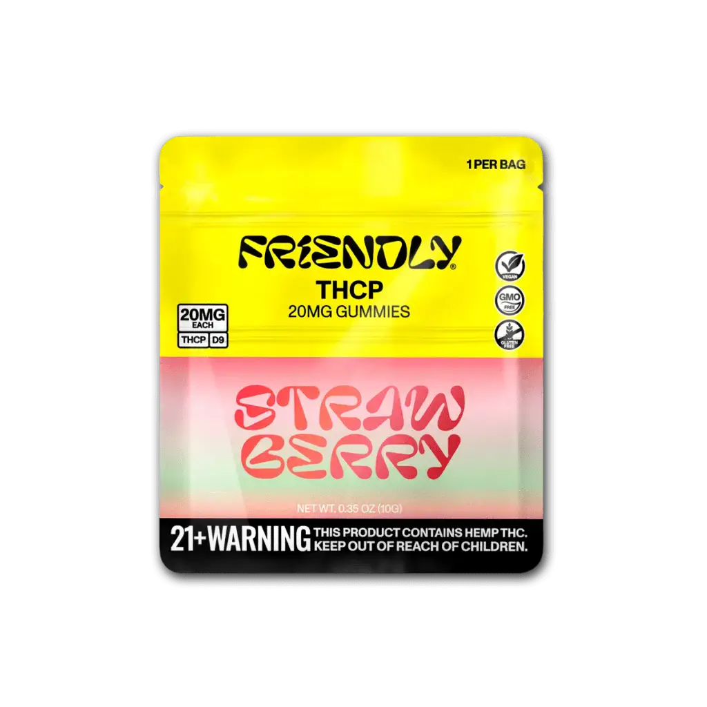 Friendly THCP 20MG Strawberry Gummies package, featuring a vibrant yellow and pink design.