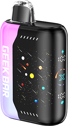 Geek Bar Pulse X disposable vape device with 3D LED display and cosmic design, offering 25,000 puffs.