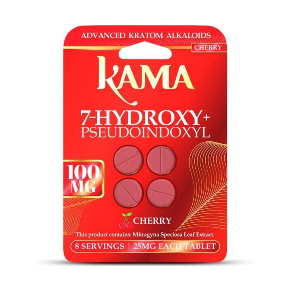 Kama 7-Hydroxy + Pseudoindoxyl Kratom Tablets in Cherry flavor, 100MG packaging with chewable tablets.