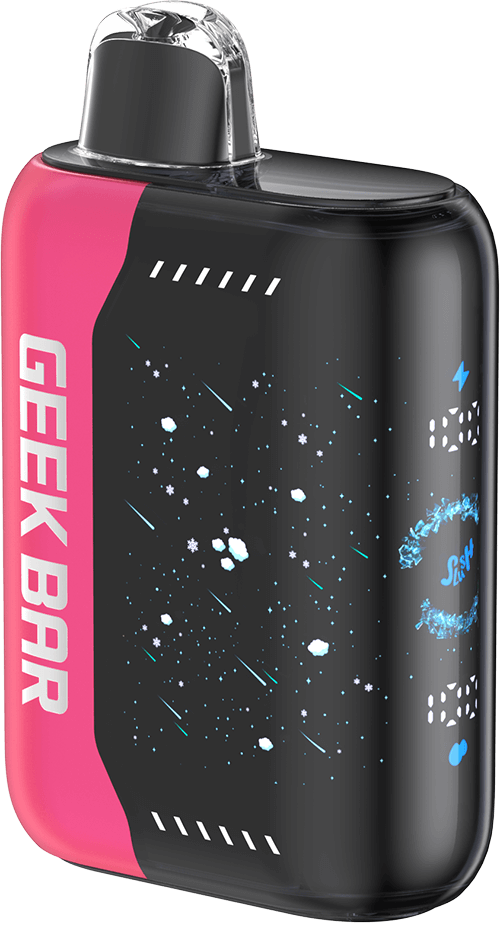 Geek Bar Pulse X vape device with 3D LED display, designed for 25,000 puffs, showcasing sleek black and pink design.