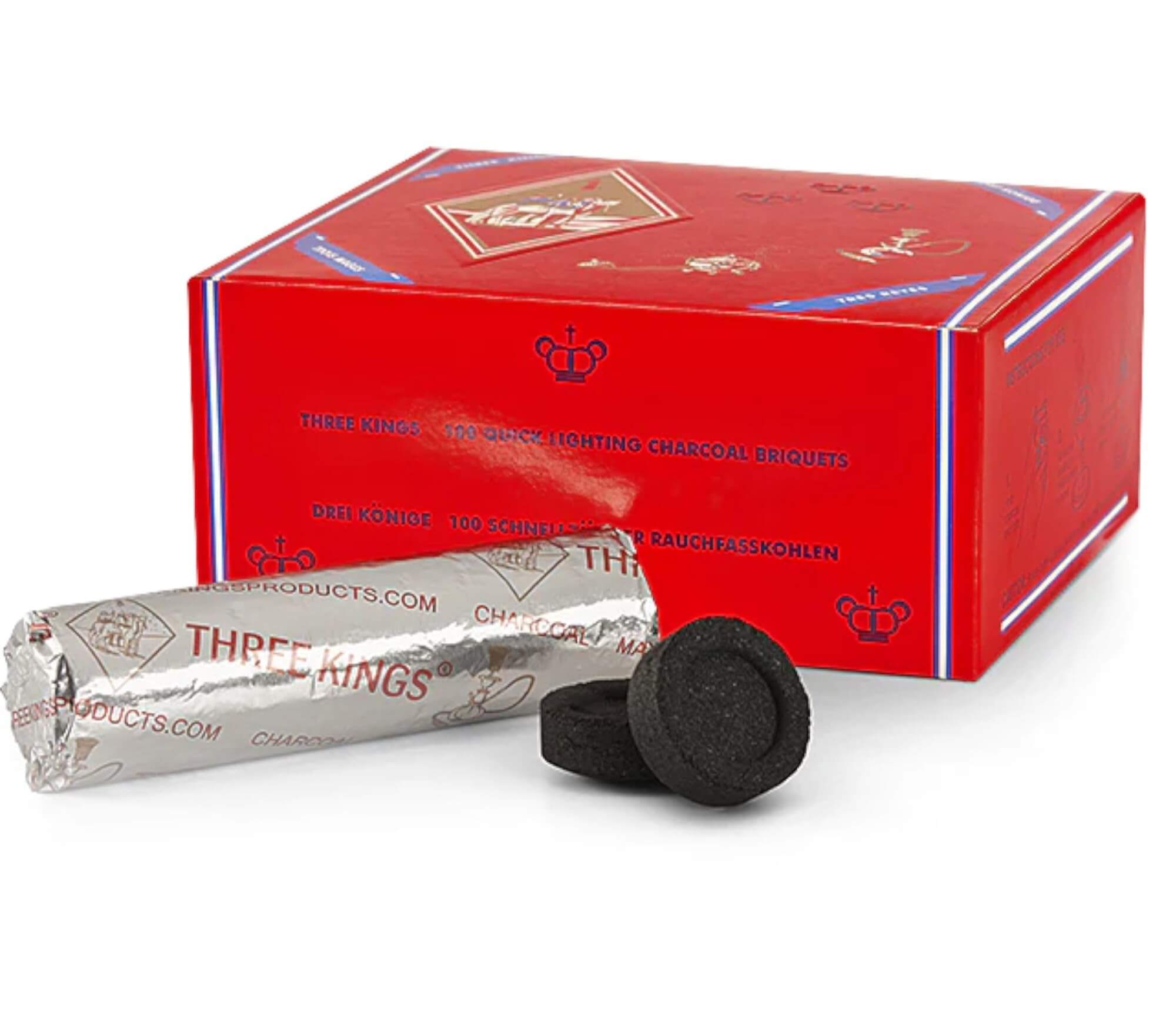 Three Kings Quick-Lighting Hookah Coals in a red box with charcoal discs, made for hassle-free hookah sessions.