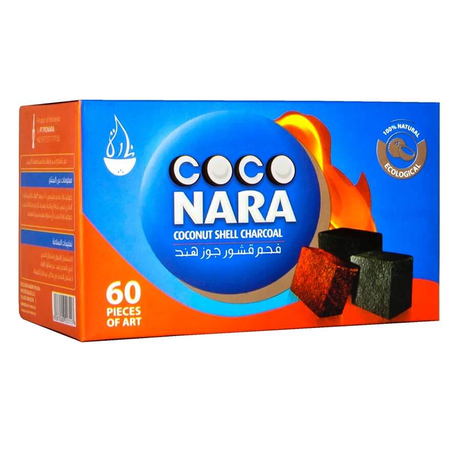 Coco Nara Coconut Shell Charcoal box featuring 60 premium natural charcoal pieces for a clean hookah experience.
