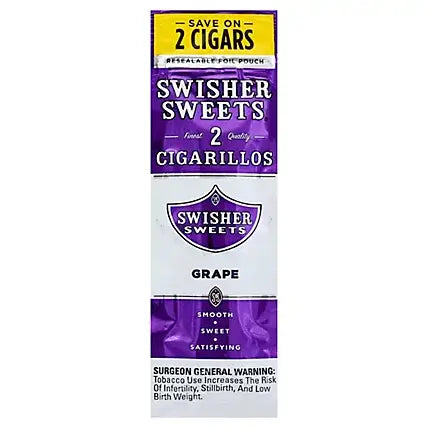 Swisher Sweets Cigarillos 2-pack in grape flavor, delivering smooth and sweet satisfaction since 1958.