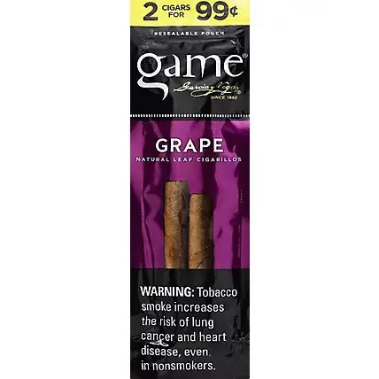 Game Cigarello 2 pack featuring grape flavor, crafted by Garcia y Vega for a smooth and bold smoking experience.