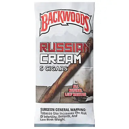 Backwoods All Natural Leaf Wrap, Russian Cream flavor, 5 cigars pack with rustic, hand-rolled feel.