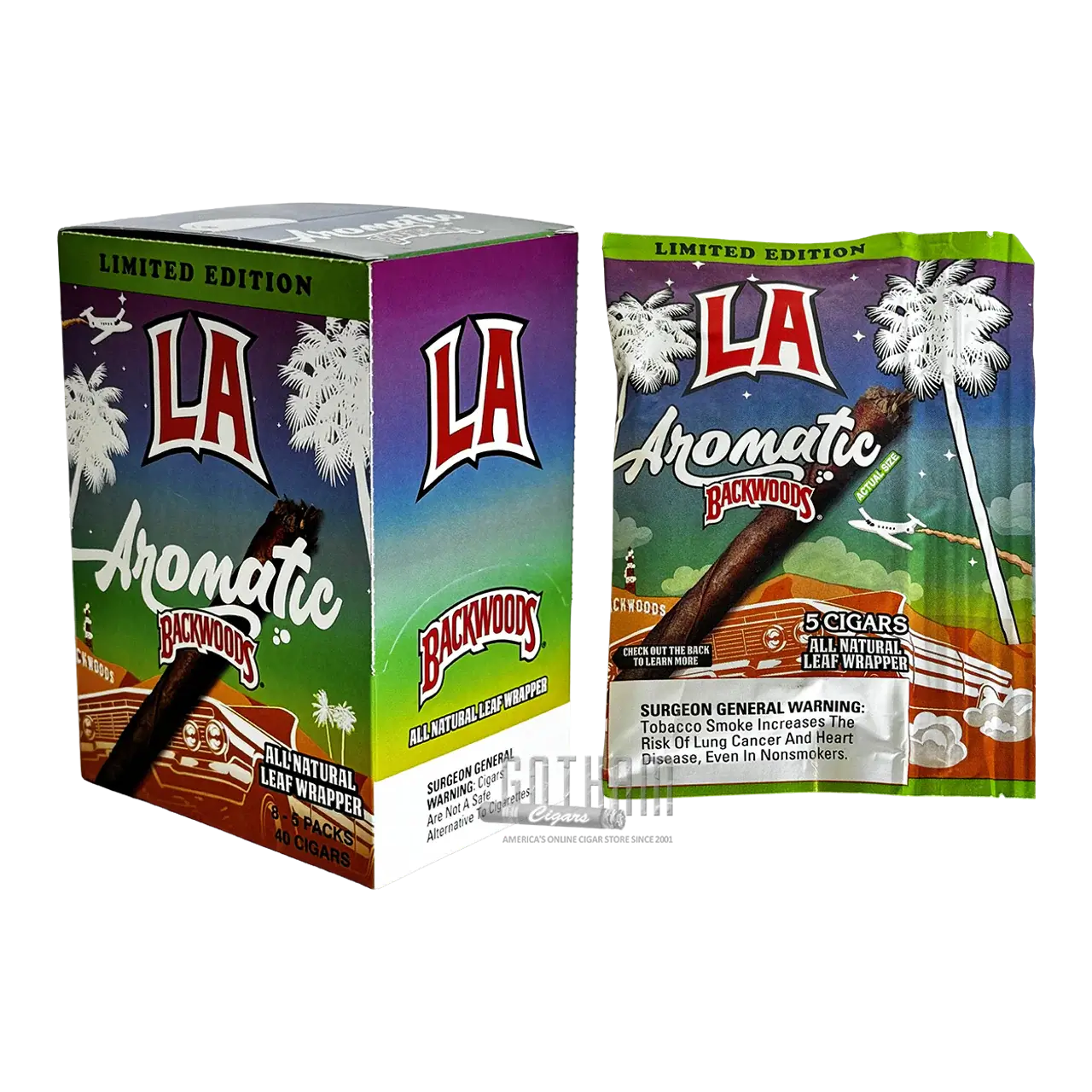 Backwoods All Natural Leaf Wrap 5-pack with colorful packaging showcasing LA Aromatic edition.