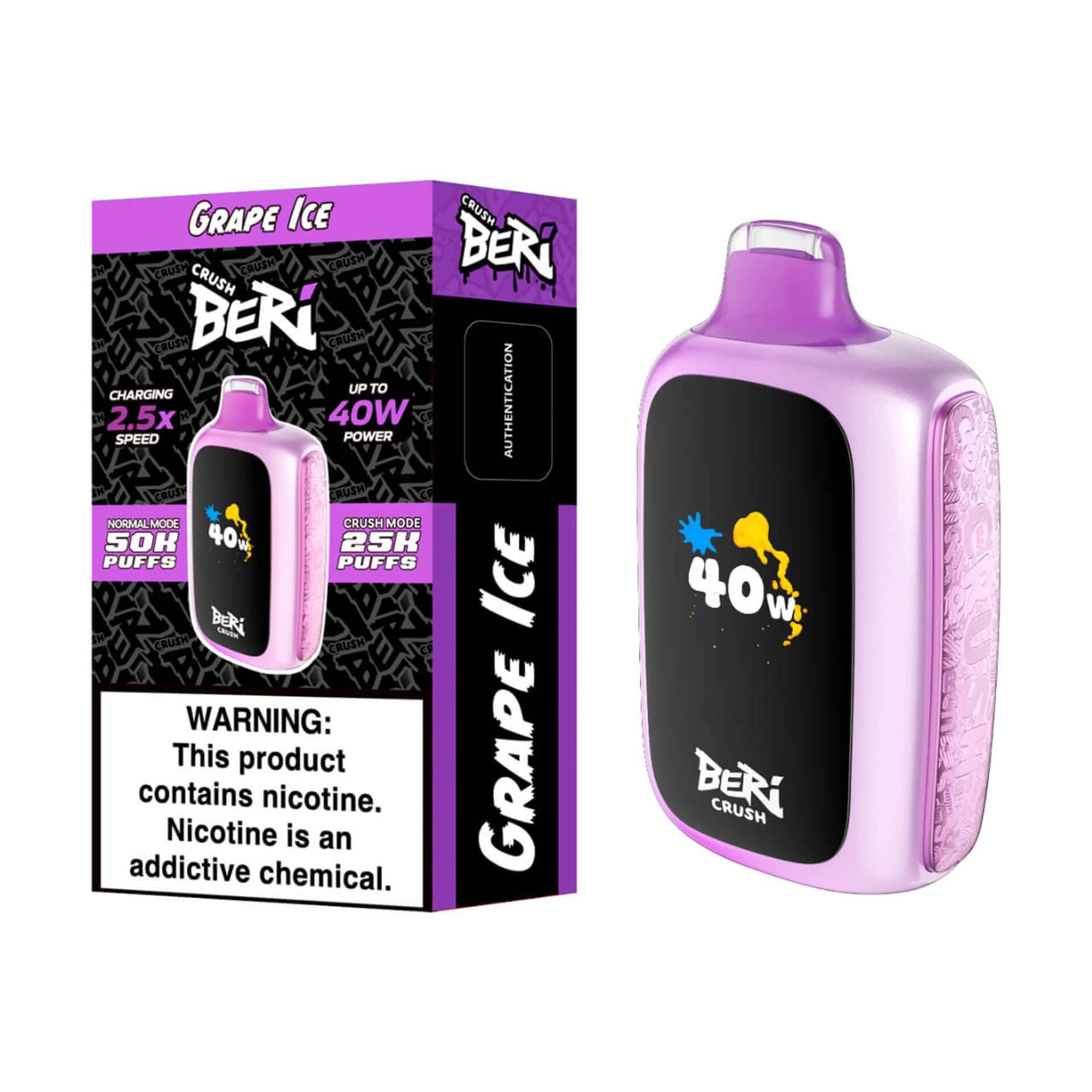 Beri Crush Grape Ice Disposable Vape packaging and device, delivering 50K puffs and 40W power.