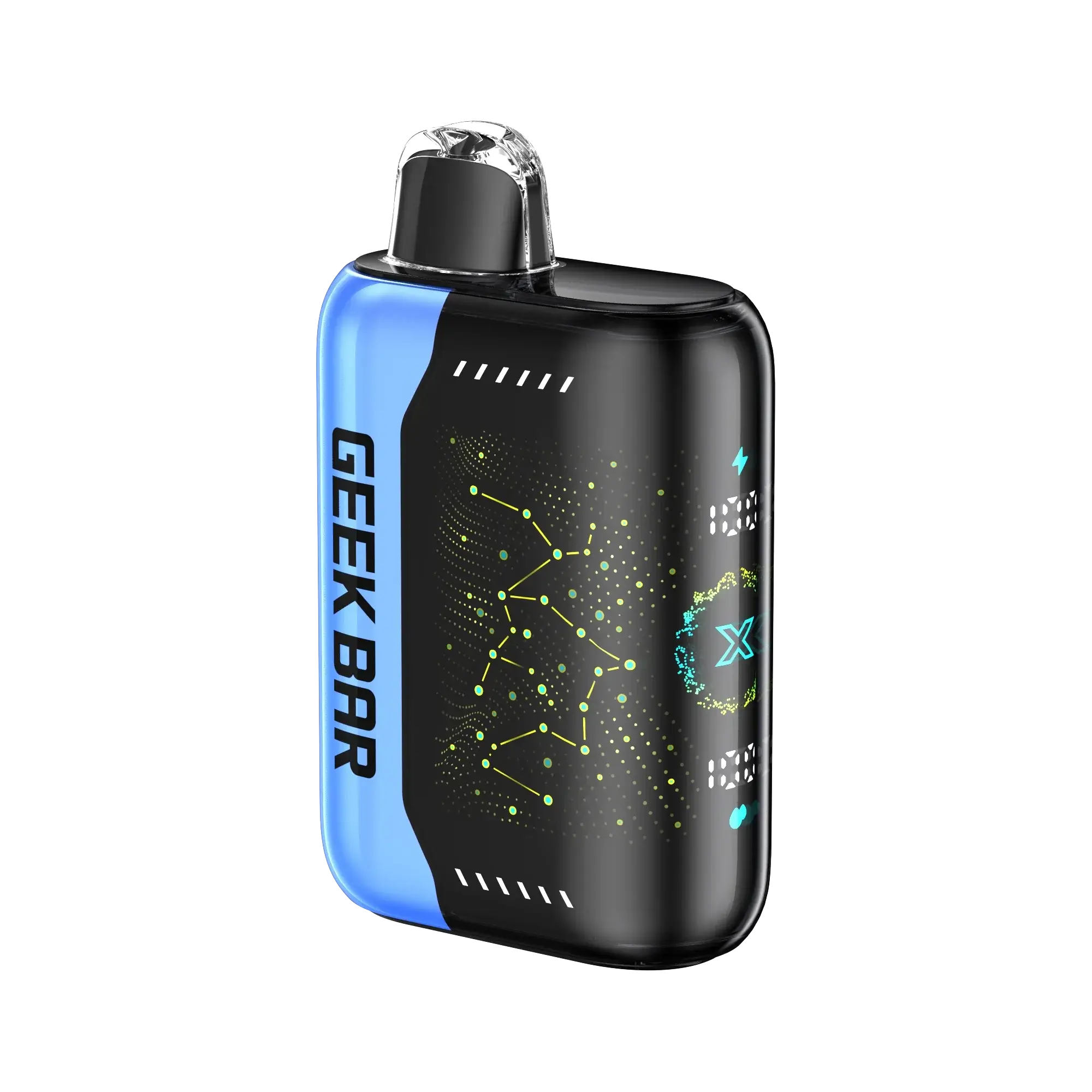 Geek Bar Pulse X device showcasing blue design, 3D LED display, and features for 25,000 puffs.