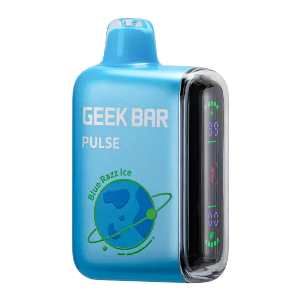 Geek Bar Pulse disposable vape in blue with unique design and Blue Razz Ice flavor, offering up to 15,000 puffs.