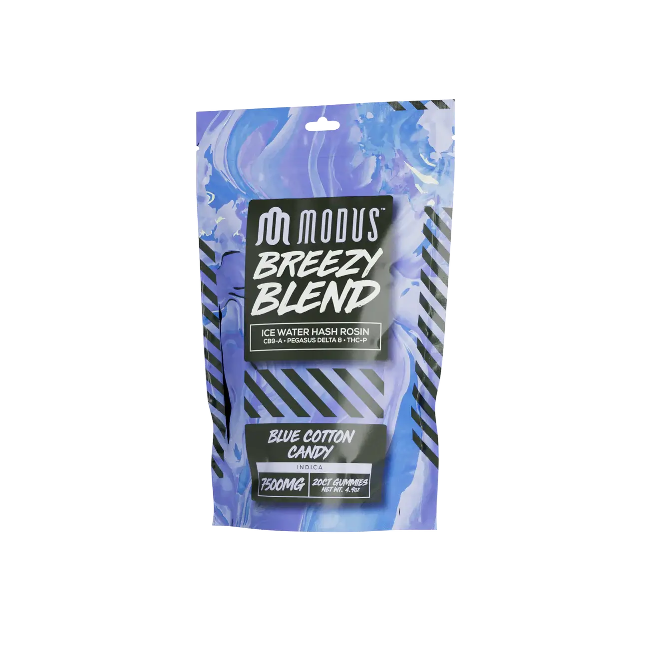 Modus Breezy Blend Gummies 7500MG packaging featuring blue cotton candy flavor.