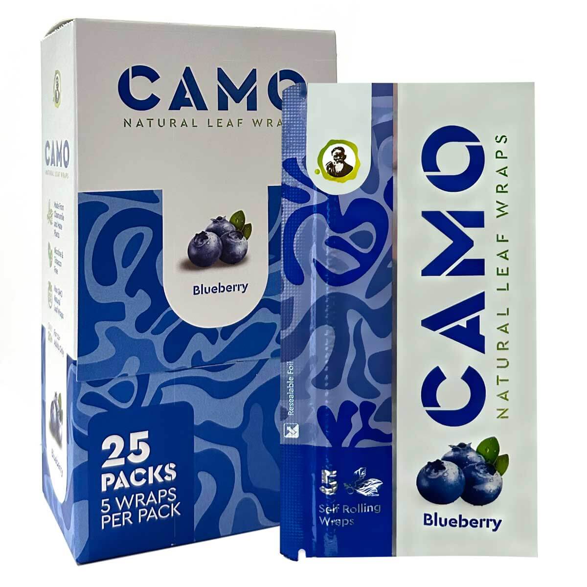 Camo Natural Leaf Wraps Blueberry flavor packaging, 25 packs with 5 wraps each, tobacco-free and nicotine-free.