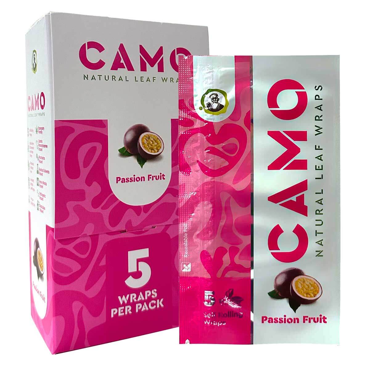 Camo Natural Leaf Wraps Passion Fruit flavor, 5 wraps per pack, tobacco-free and nicotine-free alternative.