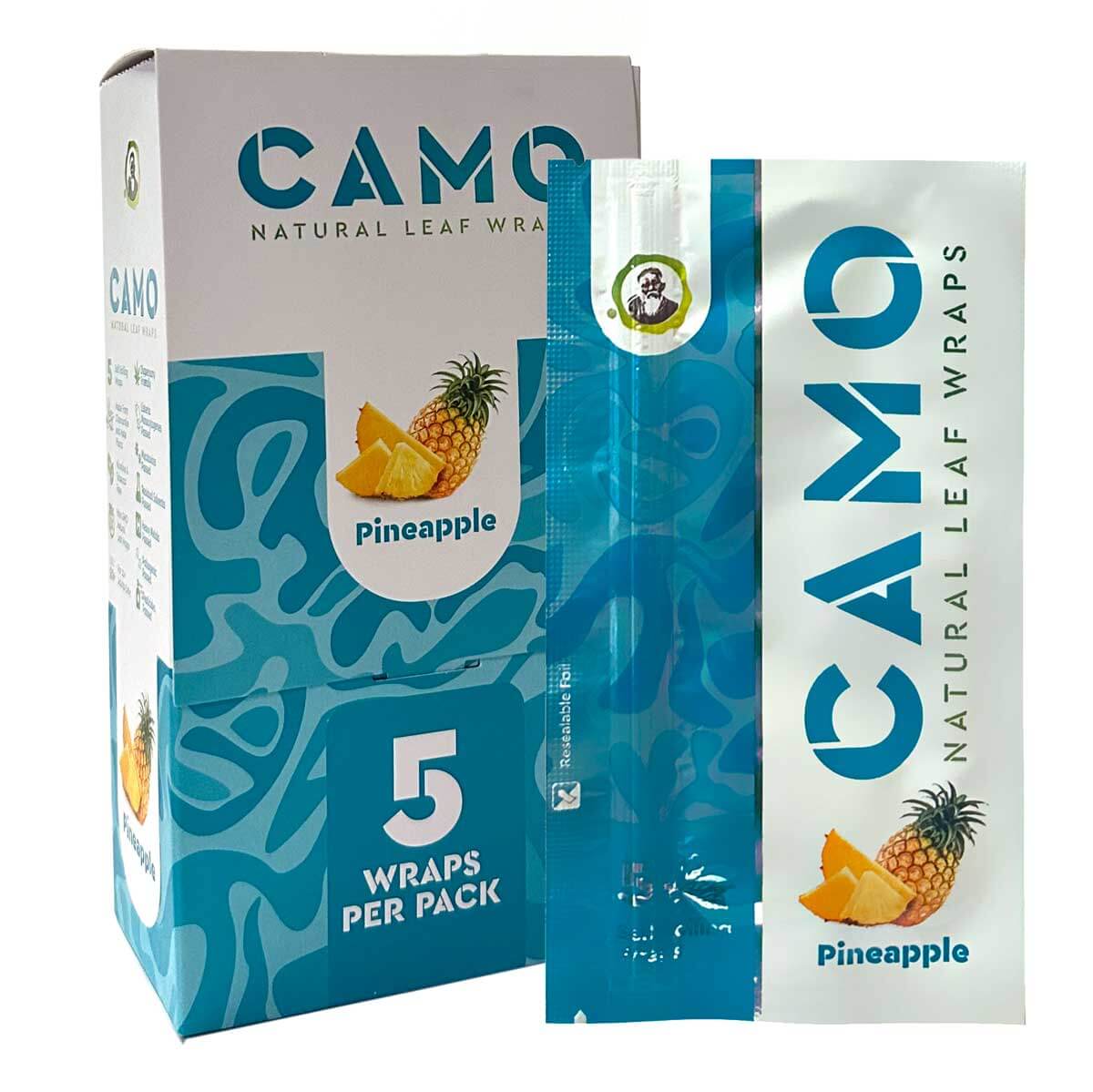 Camo Natural Leaf Wraps in Pineapple flavor, 5 wraps per pack, tobacco-free and nicotine-free, all-natural ingredients.