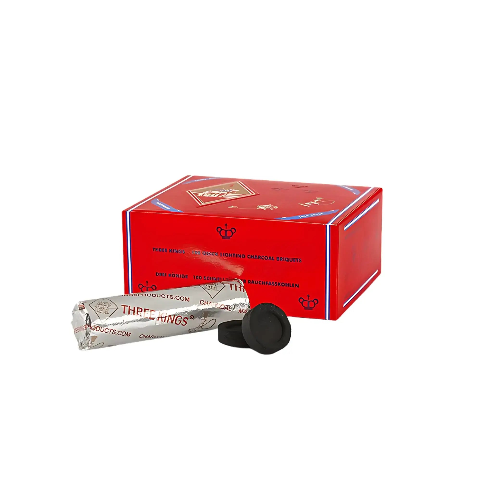 Three Kings Quick-Lighting Hookah Charcoal with packaging for reliable and efficient hookah sessions.