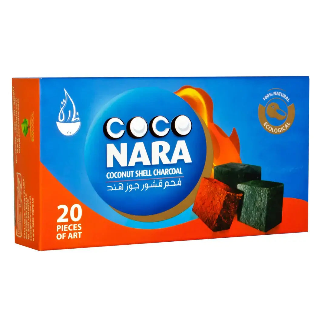 Coco Nara Coconut Shell Hookah Charcoal packaging showcasing 20 eco-friendly charcoal pieces.