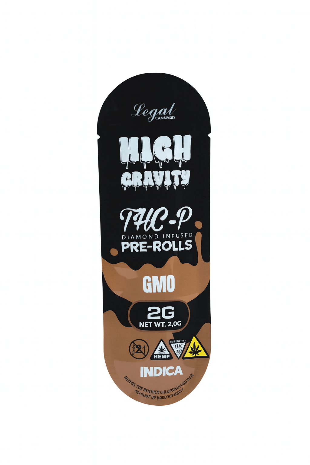 High Gravity THC-P Diamond Infused Pre-Roll in GMO strain, 2G package, Indica, expertly crafted for smooth smoking.