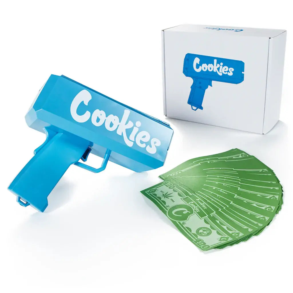 Cookies Rain Maker Money Dispenser in blue with faux bills, perfect for parties and events.