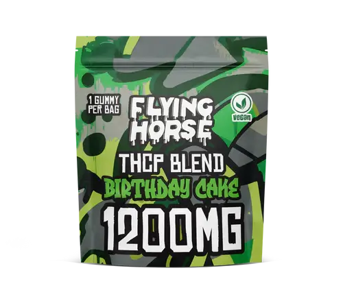 Flying Horse THCP Blend Birthday Cake Gummies packaging with 1200mg, vegan-friendly and colorful design.