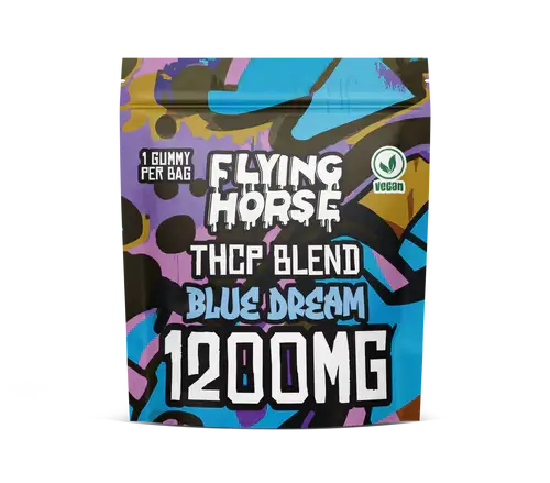 Flying Horse THCP Blend Blue Dream Gummies 1200mg pack, featuring vibrant packaging and vegan certification.