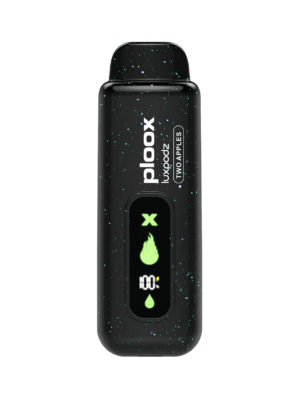 Ploox X disposable vape pod with digital display, featuring Two Apples flavor and 15,000 puffs capacity.