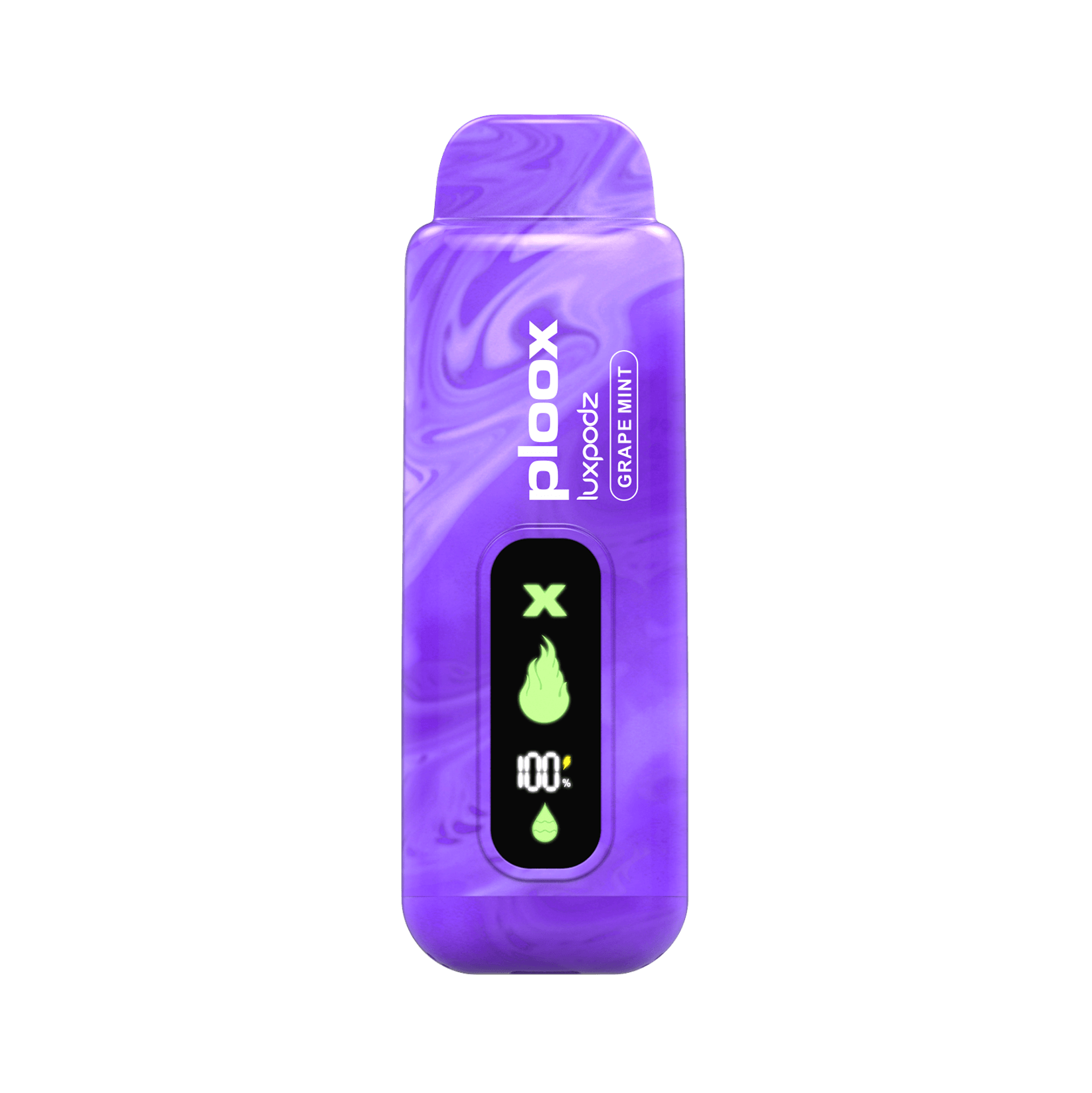 Ploox X Disposable Vape Pod in purple featuring digital display and grape mint flavor, offering 15,000 puffs.