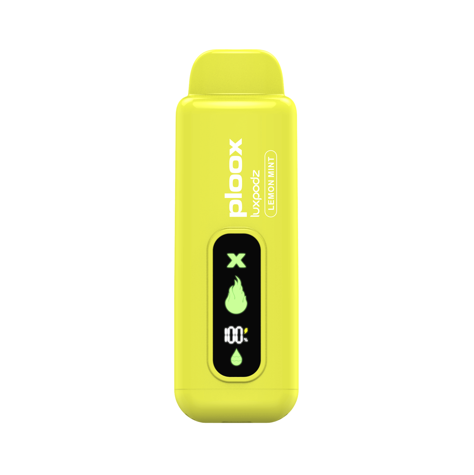 Ploox X Disposable Pod by Luxpodz in lemon mint flavor with digital display and bright yellow design.