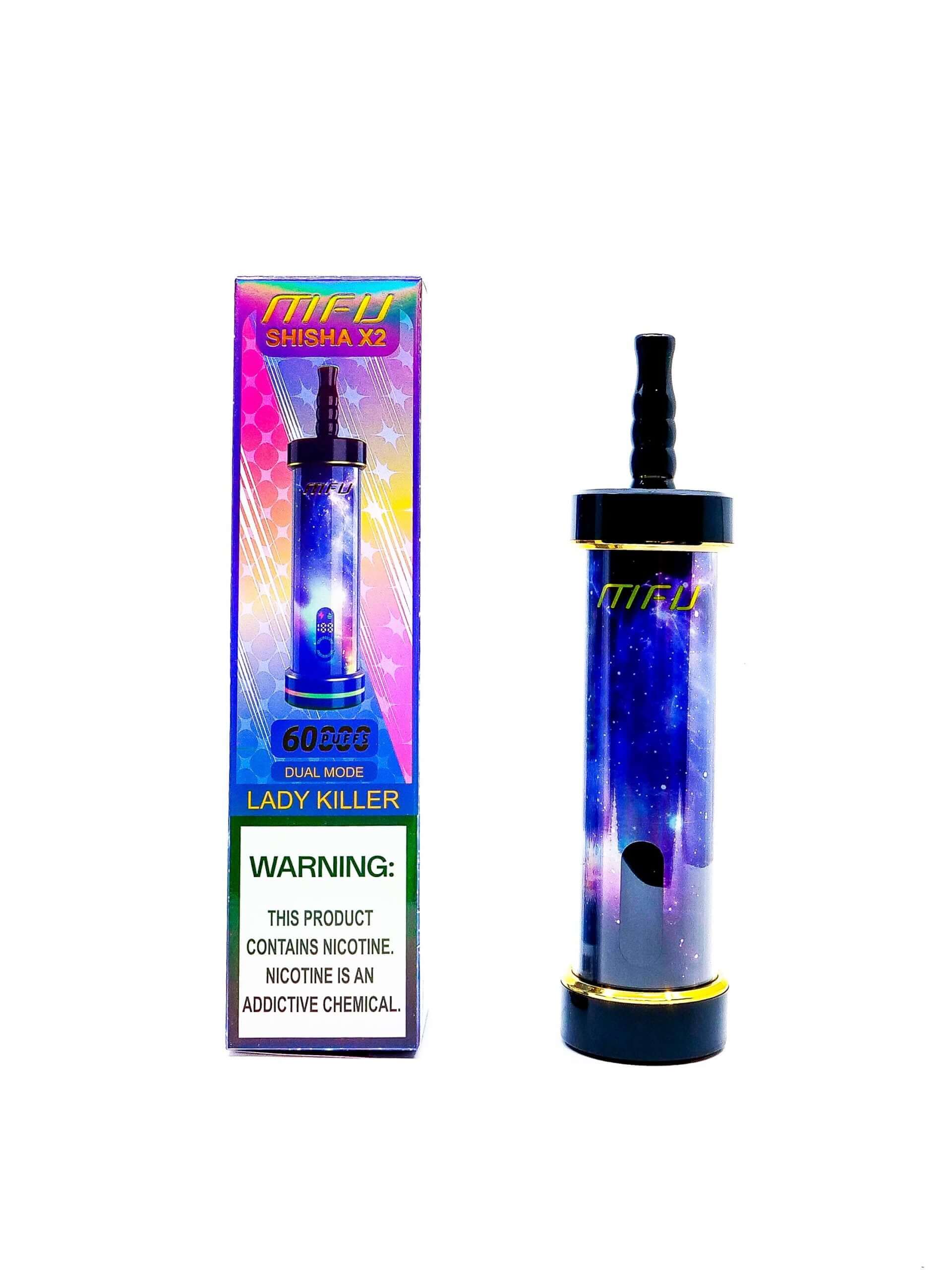 MFU Shisha X2 in 'Lady Killer' flavor packaging, showcasing dual mode and 60,000 puffs feature.