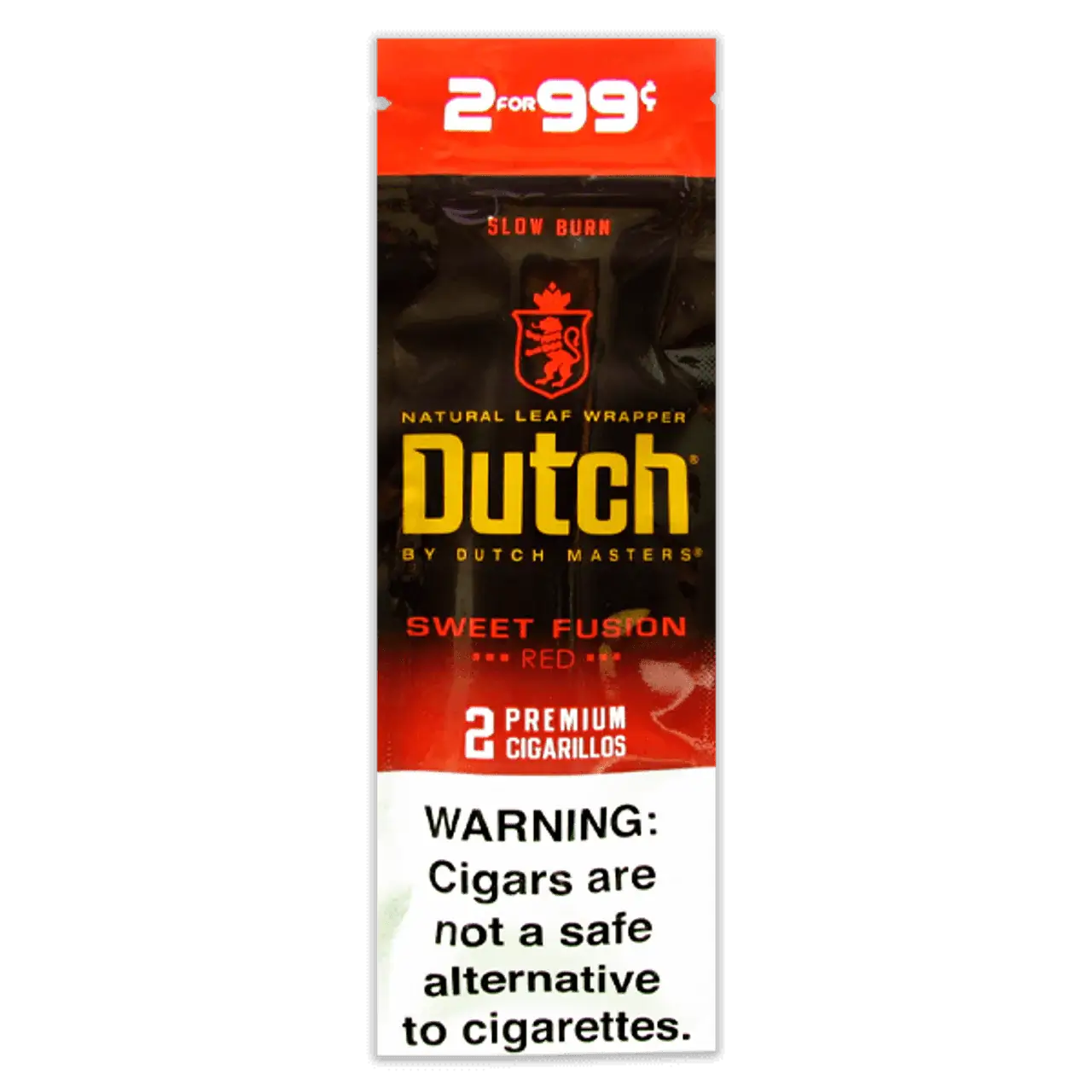 Dutch Natural Leaf Wrapper Cigarillos pack featuring a slow burn and bold flavor, available in a 2 pack for 99 cents.