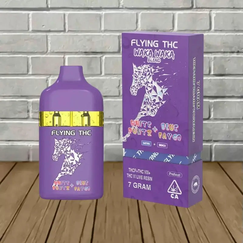 Flying THC Waka Waka Blend Disposable Vape with vibrant packaging, 7 grams of THC-P infused live resin.