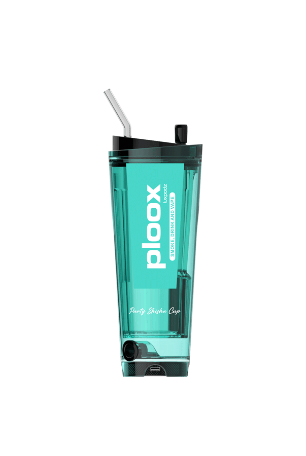 Ploox X Party Shisha Cup in teal color, featuring a sleek design and straw for portable smoking convenience.