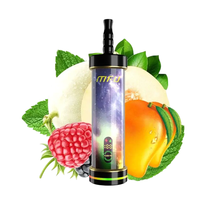 MFU Shisha X2 disposable vape with fruit flavors like mango, raspberry, and mint, designed for 60K puffs.