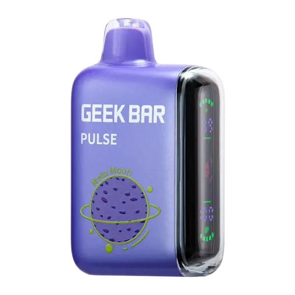Geek Bar Pulse disposable vape device in purple design with digital display and 'Extra Moon' flavor indicator.