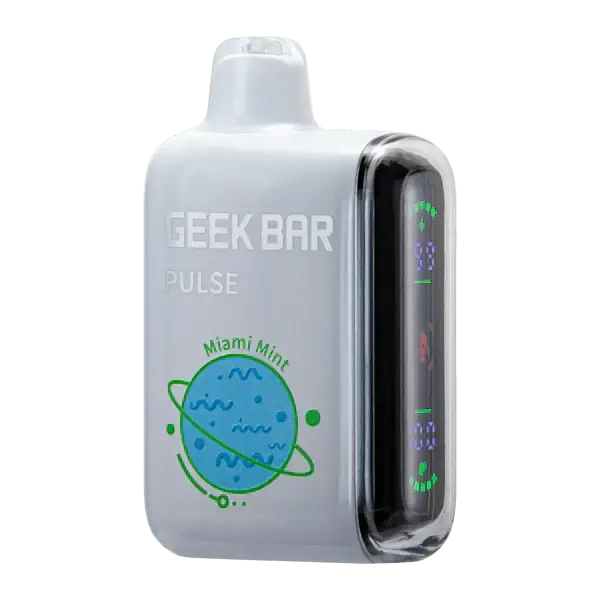 Geek Bar Pulse disposable vape featuring Miami Mint flavor and dual power modes for up to 15,000 puffs.