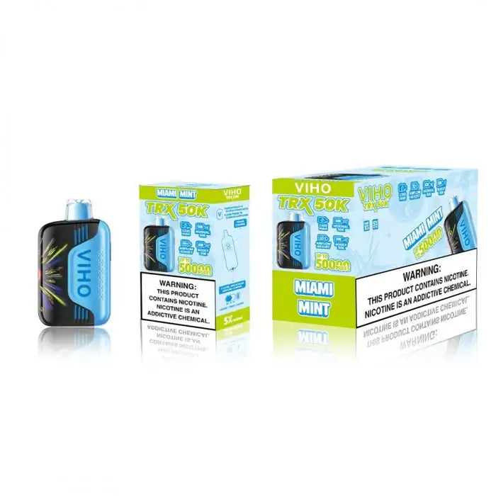 Viho TRX 50K disposable vape kit with Miami Mint flavor, showcasing the device and packaging design.