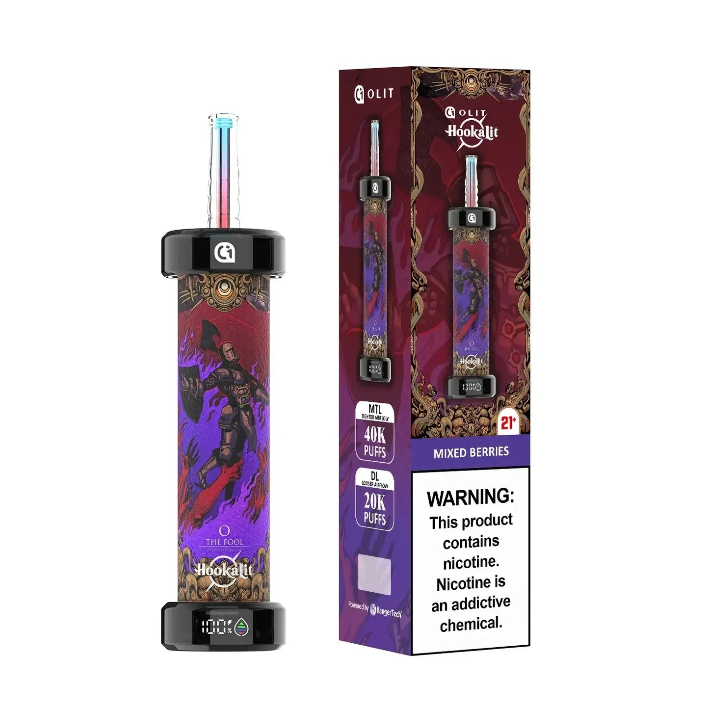 Olit Hookahlit 40K Disposable Vape featuring vibrant tarot design and informational packaging.