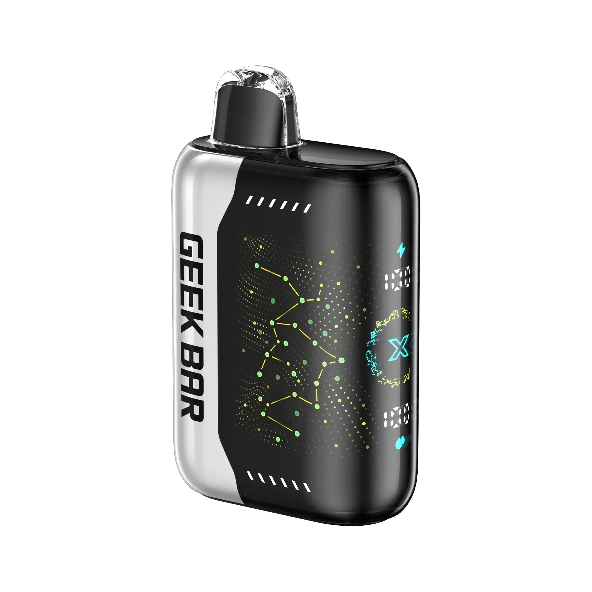 Geek Bar Pulse X disposable vape with curved design and LED display, offers 25,000 puffs.