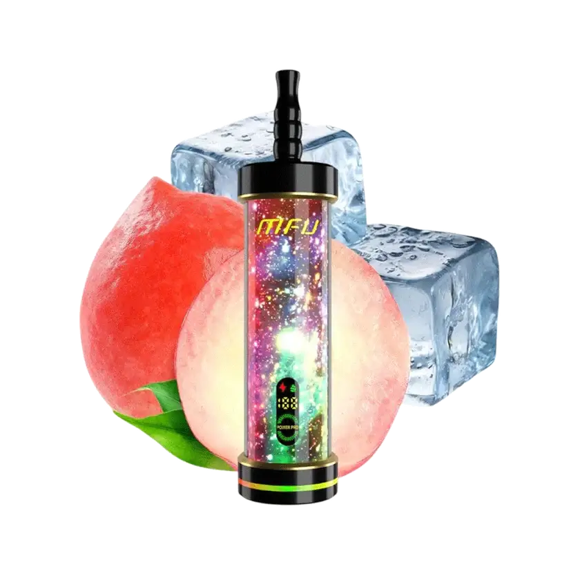 MFU Shisha X2 disposable vape with peach flavor and ice cubes, offering 60,000 puffs of smooth vaping.