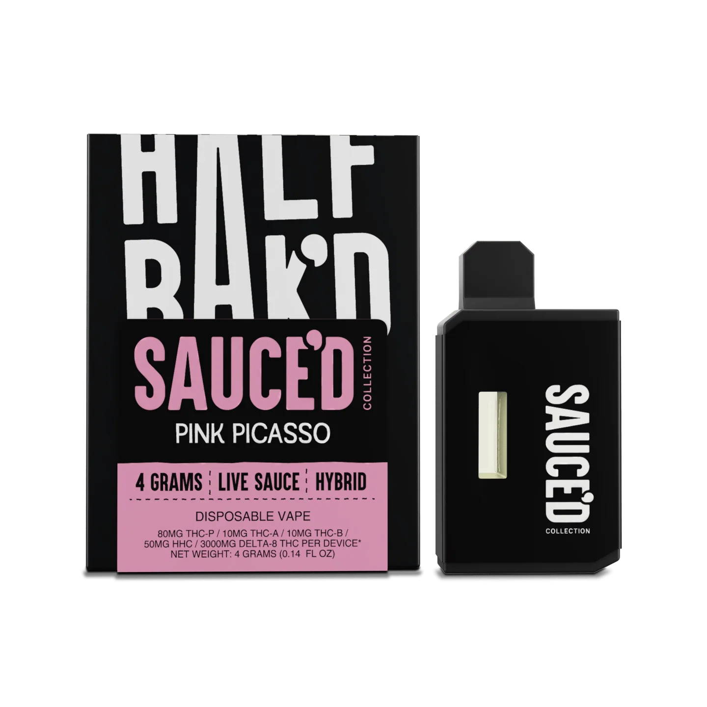 Half Baked Live Sauce D9 THC-P THC-B disposables in Pink Picasso flavor with 4 grams of hybrid vape.